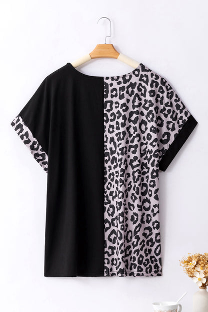 Black Half Leopard Patchwork Plus Size T-shirt