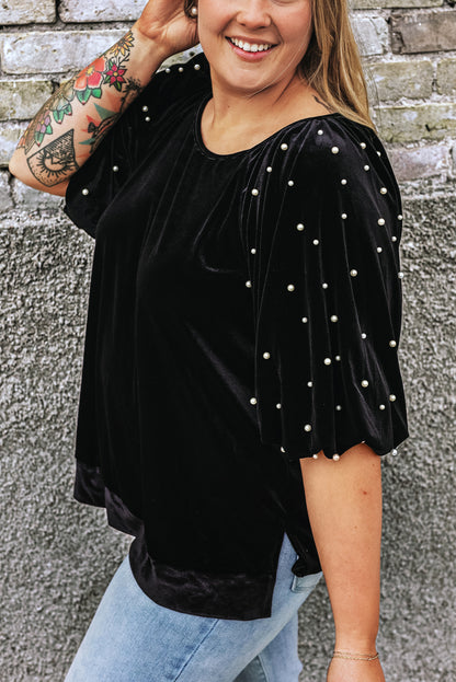 Black Pearl Embellished Puff Sleeve Velvet Plus Size Top