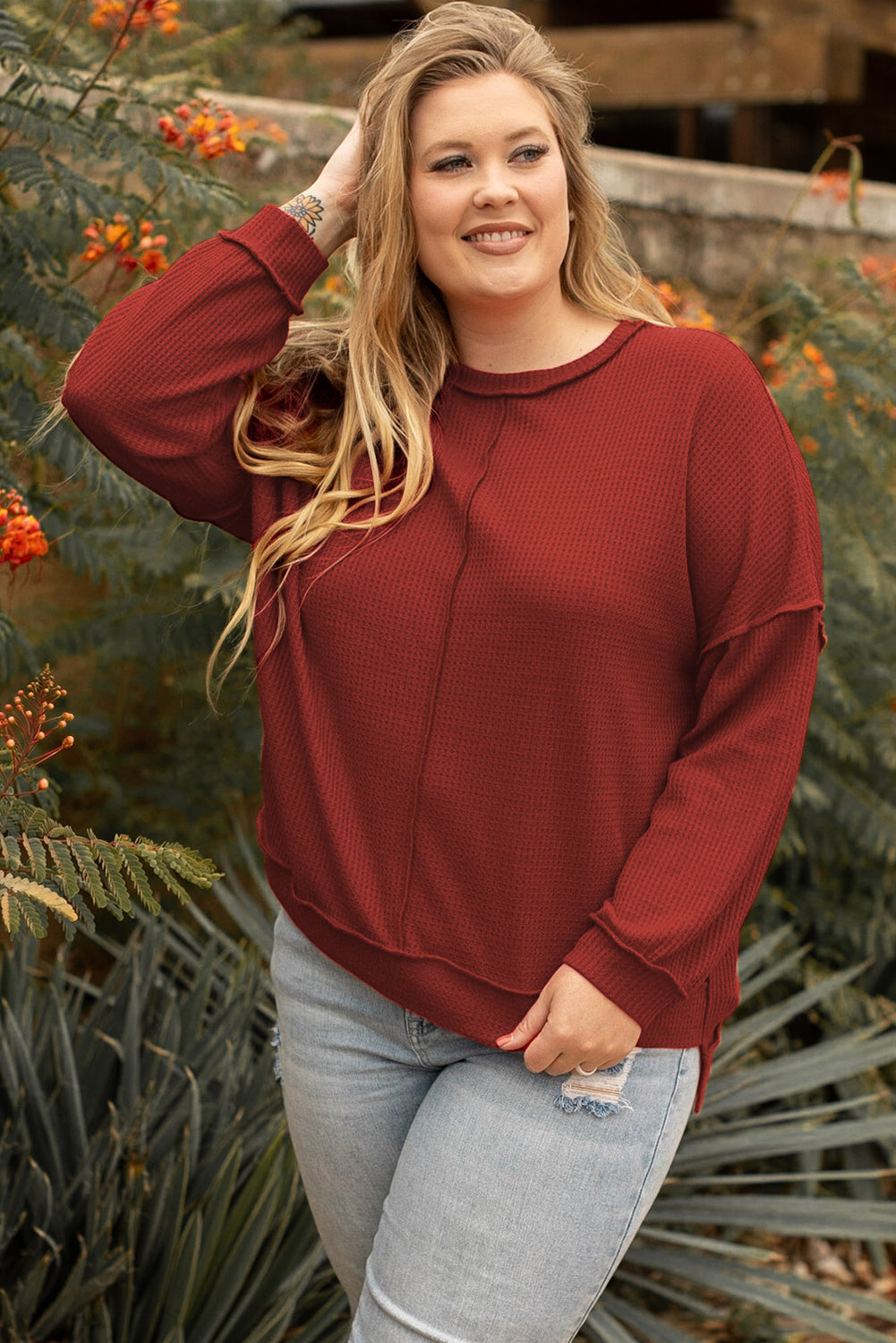 Gold Flame Exposed Seam Detail Waffle Knit Plus Size Top