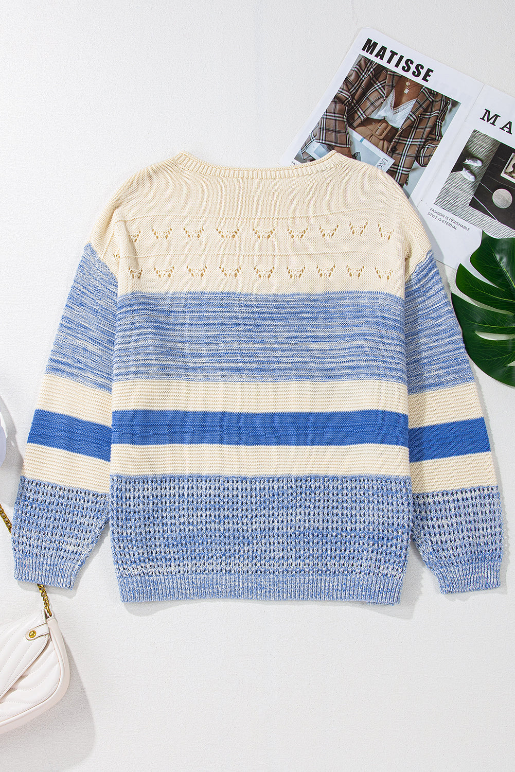 Light Blue Open Stitch Puff Sleeve Sweater