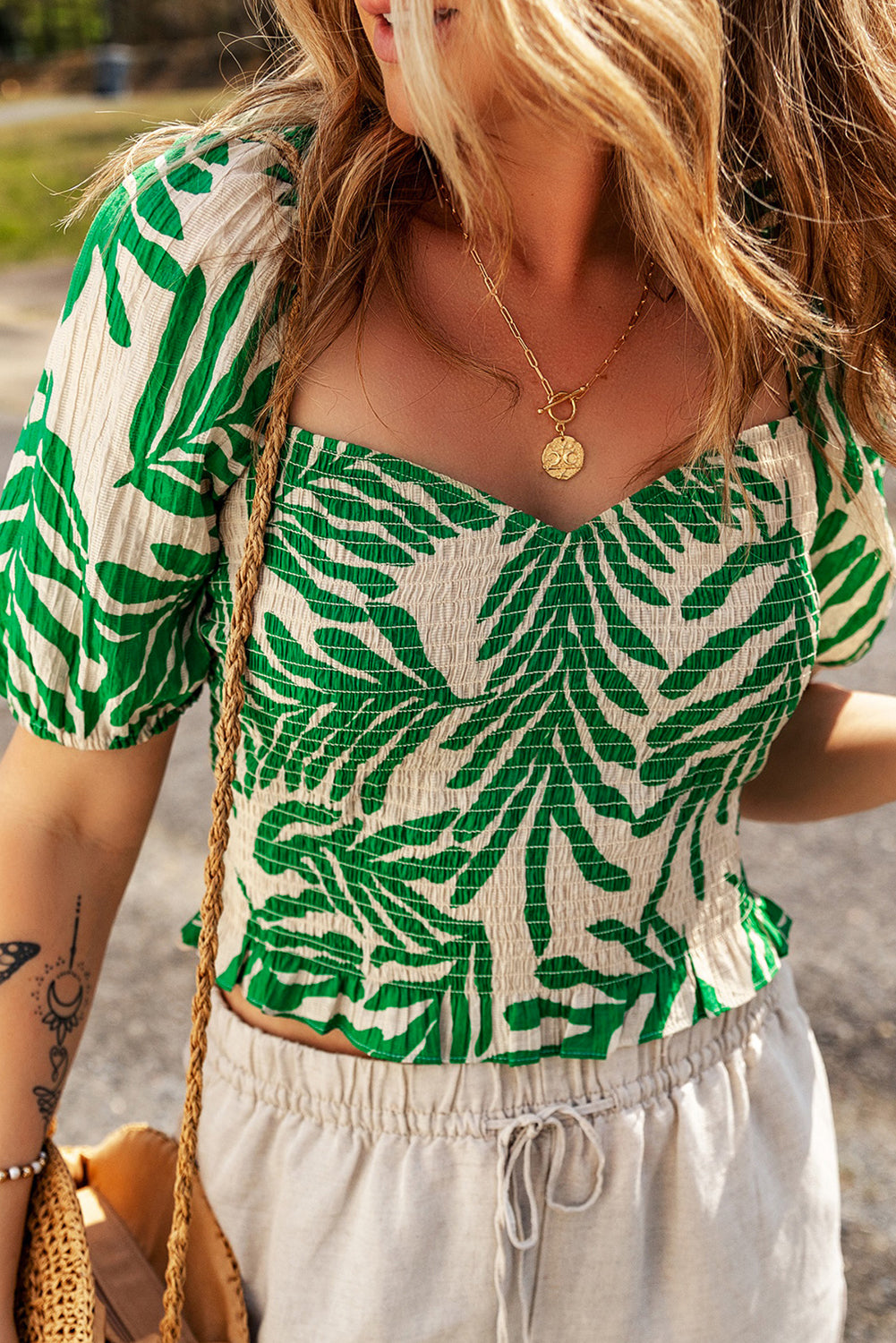 Dark Green Tropical Leaf Print Smocked Crop Top