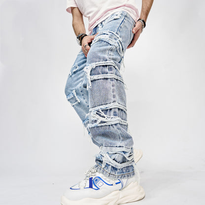 Streetwear Staple: High Street Patched Straight Fit Hip Hop Jeans