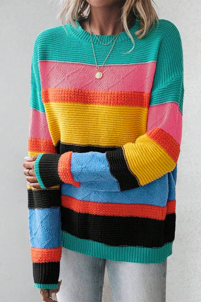 Yellow Colorblock Mixed Textured Drop Shoulder Sweater