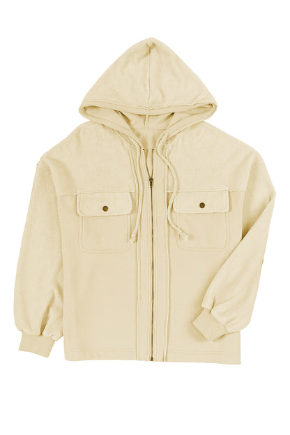 Apricot Flap Pocket Drawstring Hood Zip Up Jacket