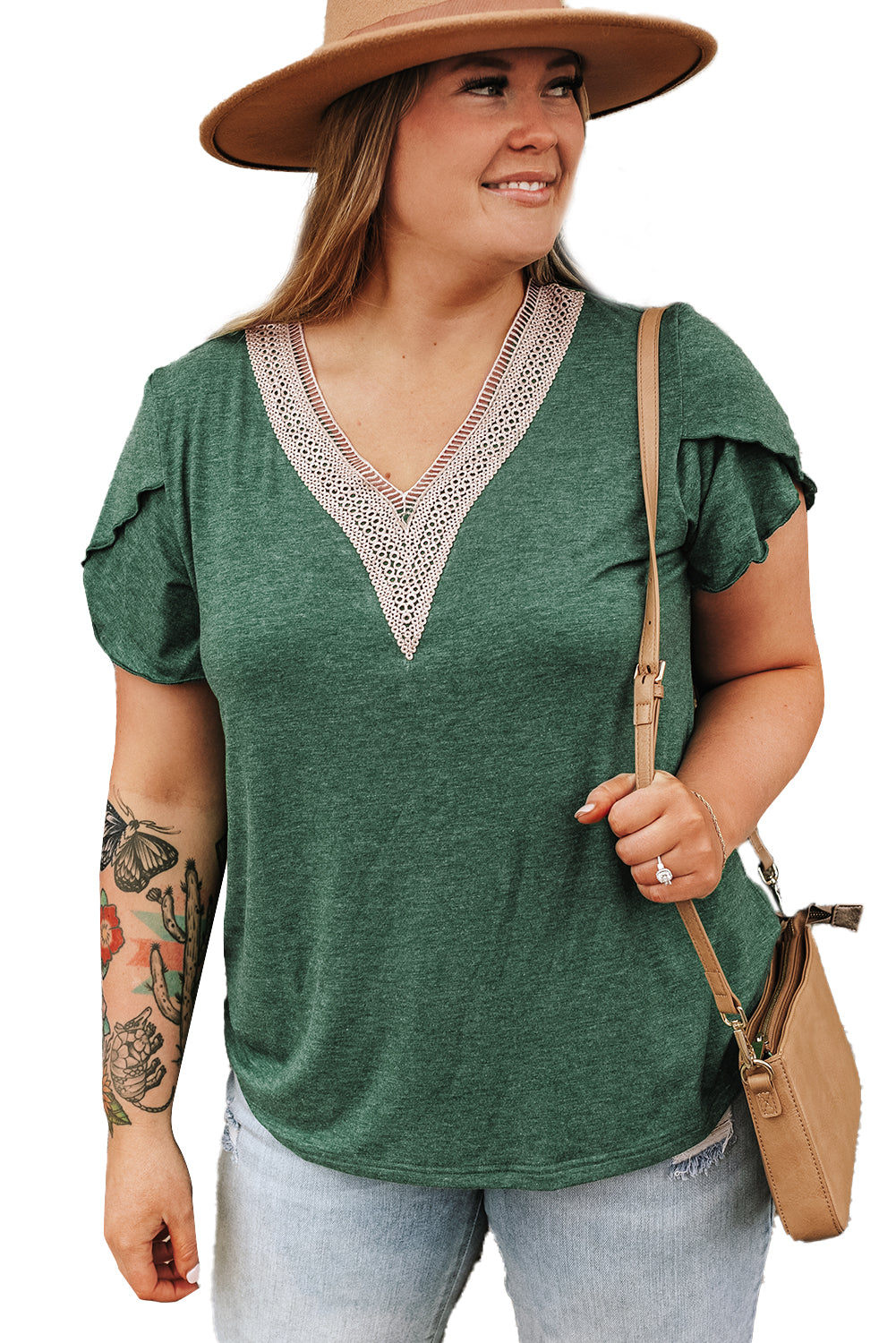 Blackish Green Plus Size Embroidery V Neck Draped Sleeve Blouse