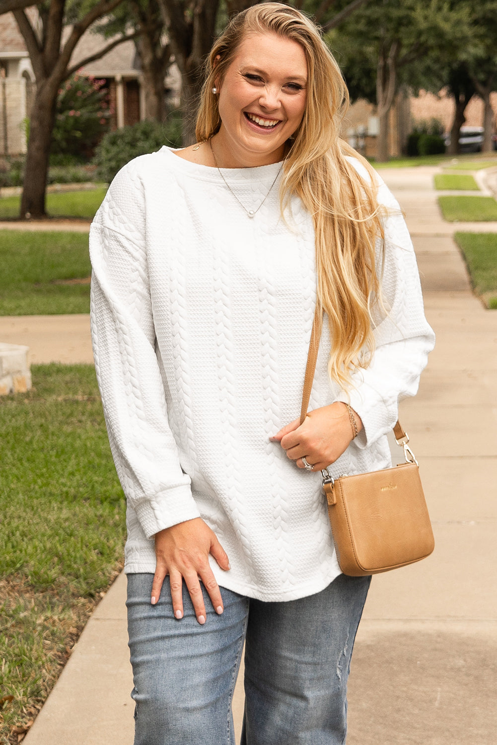 White Cable Textured Loose Plus Size Sweatshirt