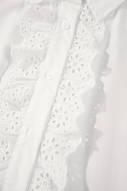 White Lace Crochet Trim Turn Down Collar Buttoned Shirt