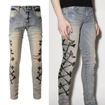 Men's Fashion Stretch Skinny Jeans with Holes Bone Pattern