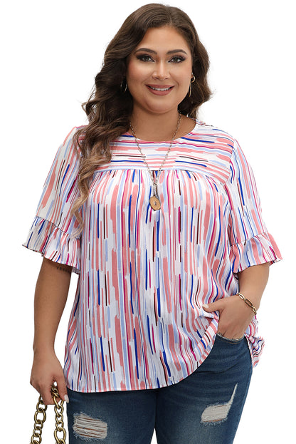 White Stripe Ruffled Short Sleeve Plus Size Blouse