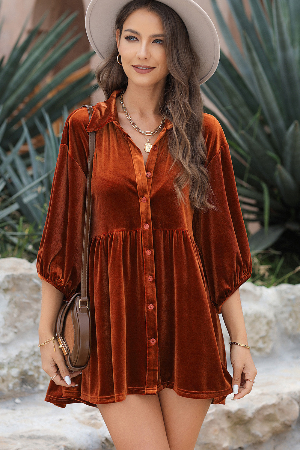 Chestnut 3/4 Sleeve Tunic Babydoll Velvet Shirt