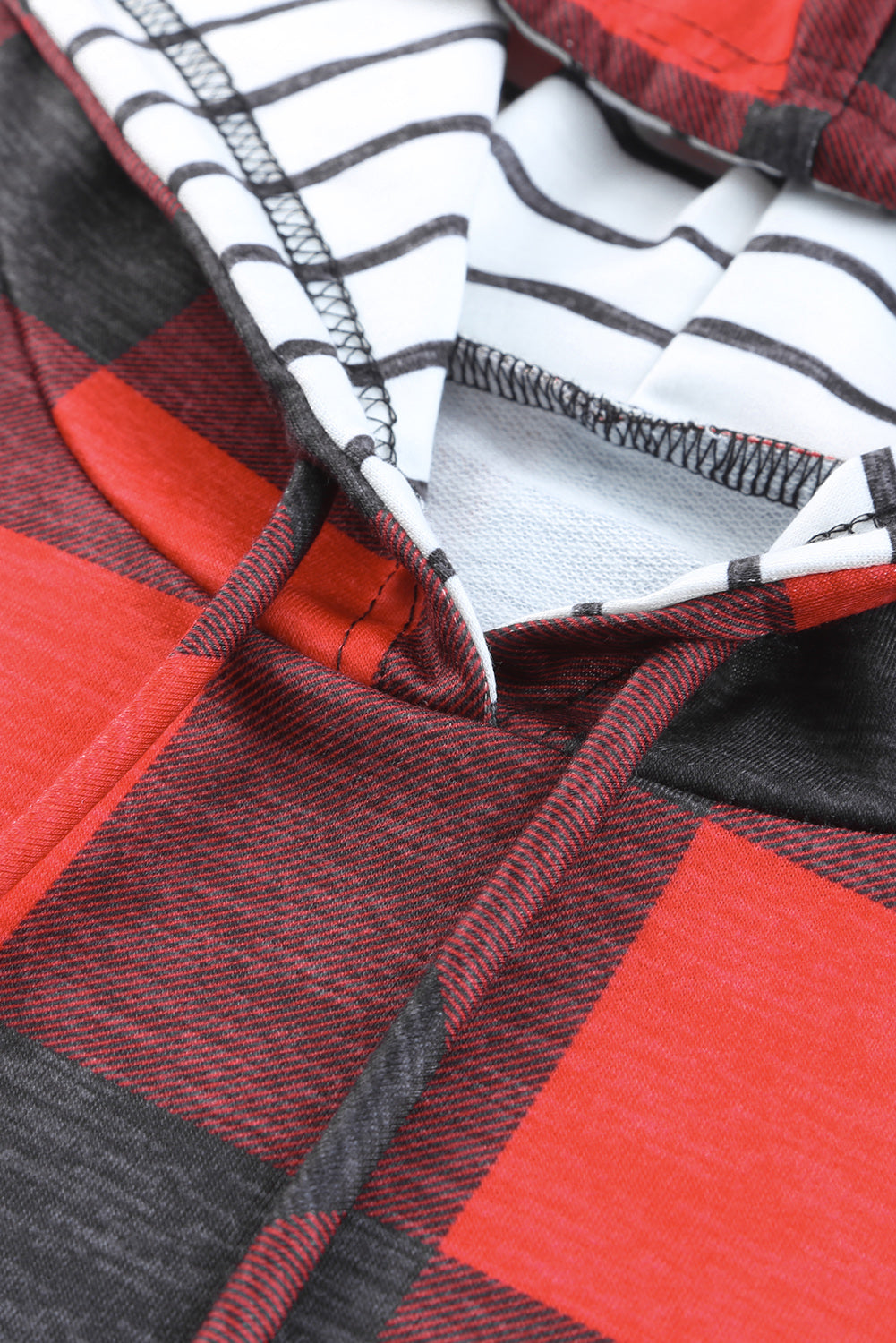 Fiery Red Christmas Plaid Striped Patchwork Drawstring Hoodie