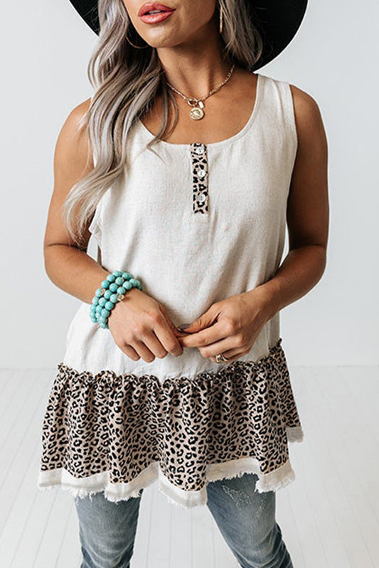 White Leopard Peplum Hemline Flowy Tank Top