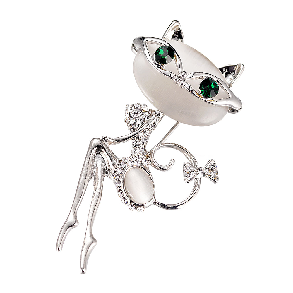 Silver Cat Brooch with Rhinestone Accents