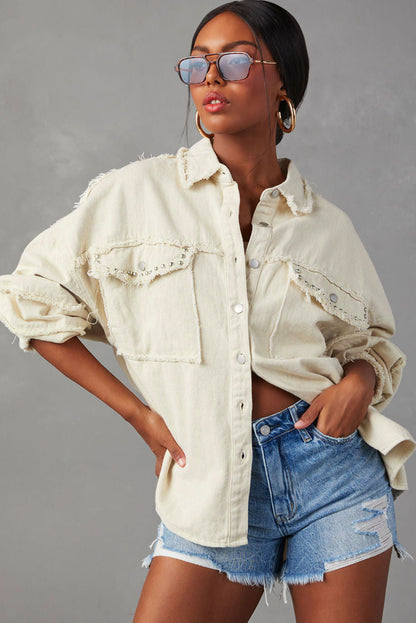 White Frayed Exposed Seam Denim Jacket