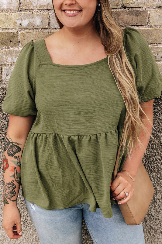 Jungle Green Solid Short Sleeve Square Neck Plus Babydoll Top