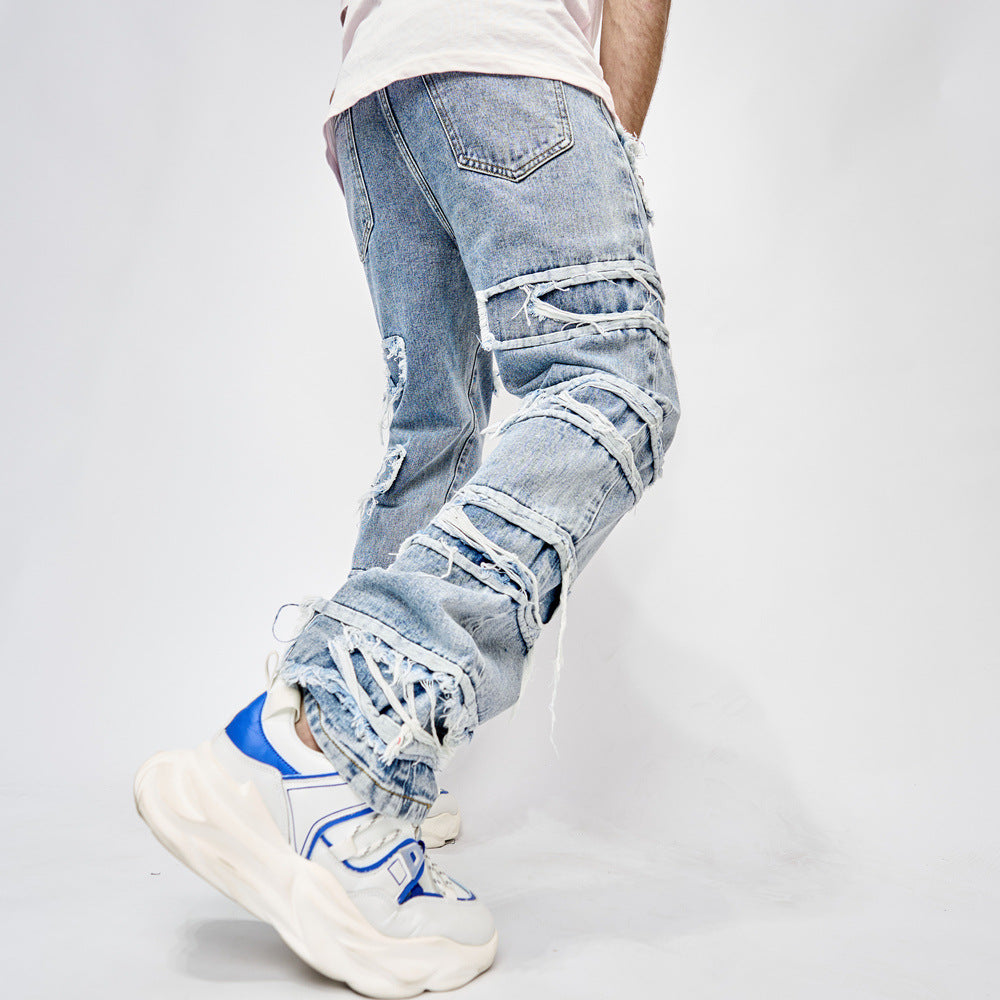 Streetwear Staple: High Street Patched Straight Fit Hip Hop Jeans