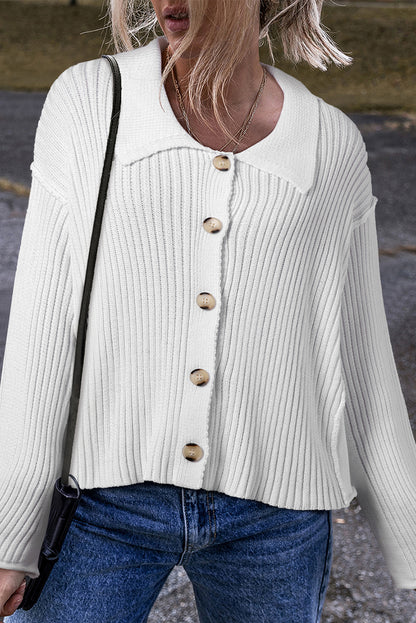 White Collared Button-up Loose Fit Casual Sweater