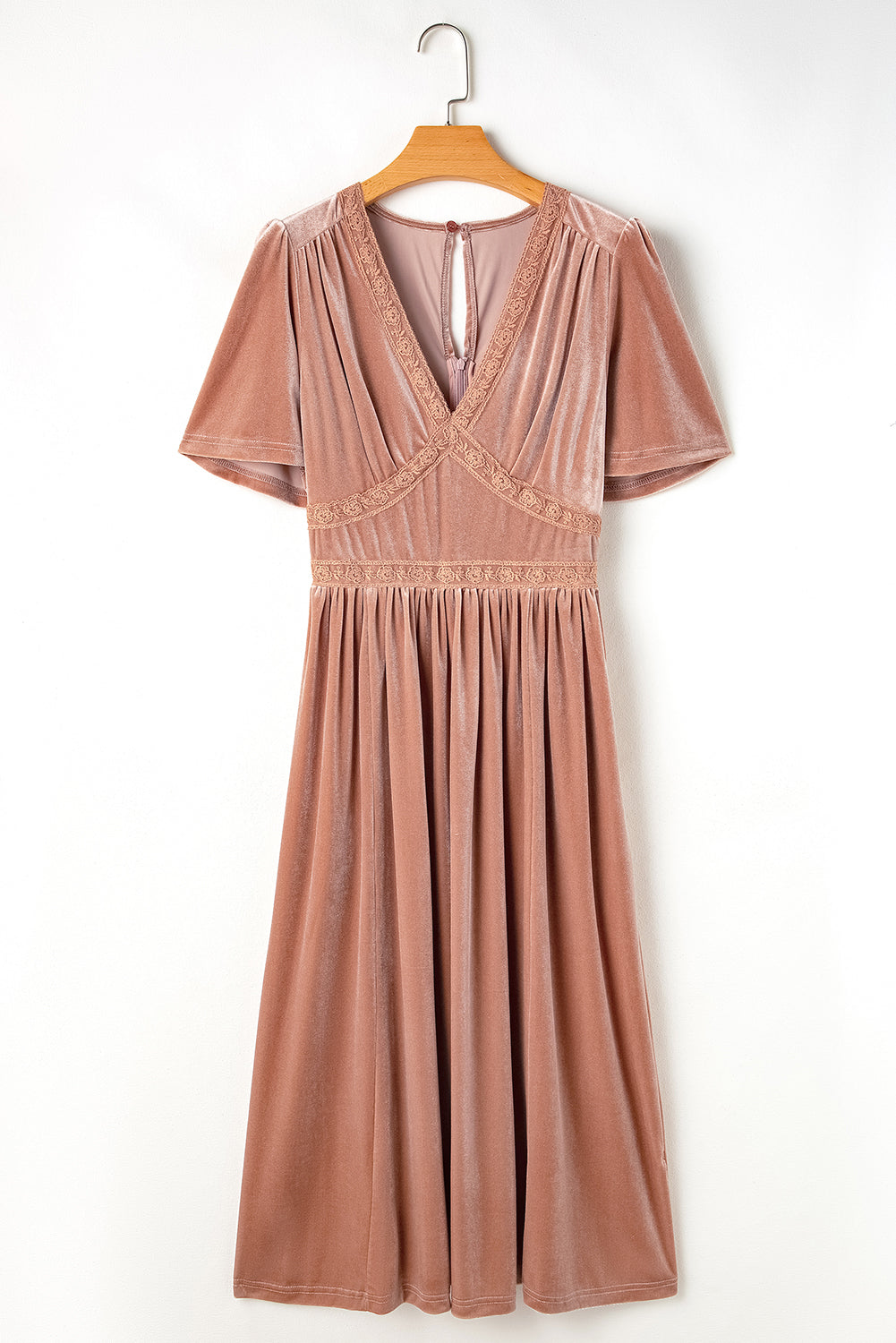 Chestnut Velvet Lacy V Neckline Short Sleeve Empire Waist Flowy Maxi Dress