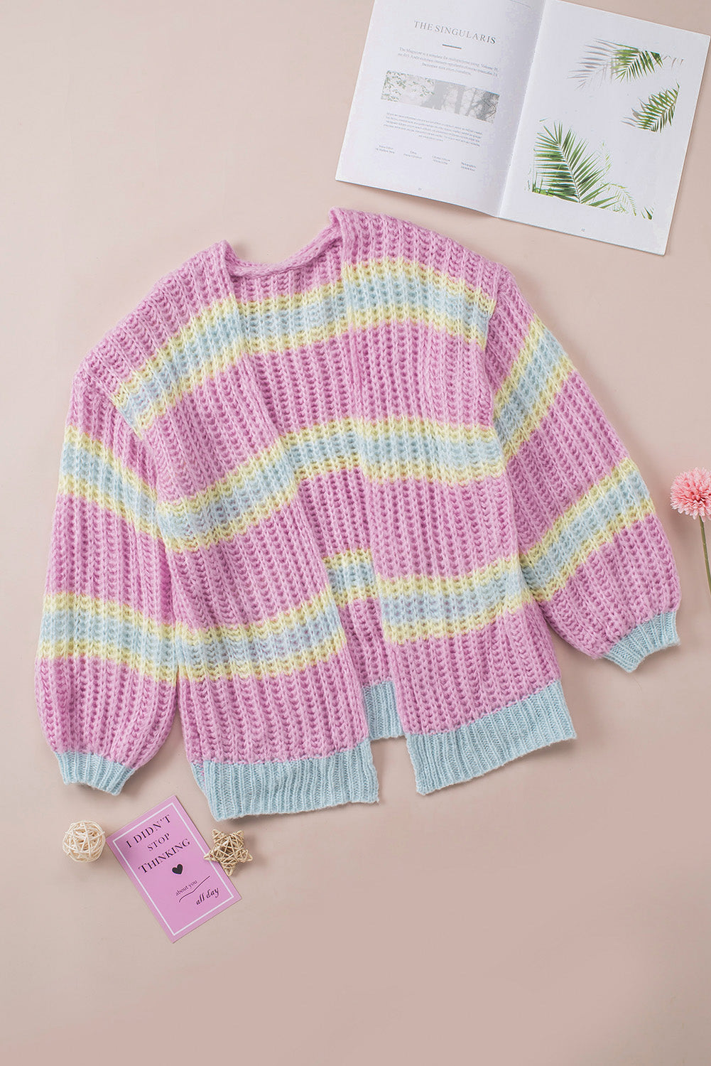 Pink Contrast Striped Open Front Cable Cardigan