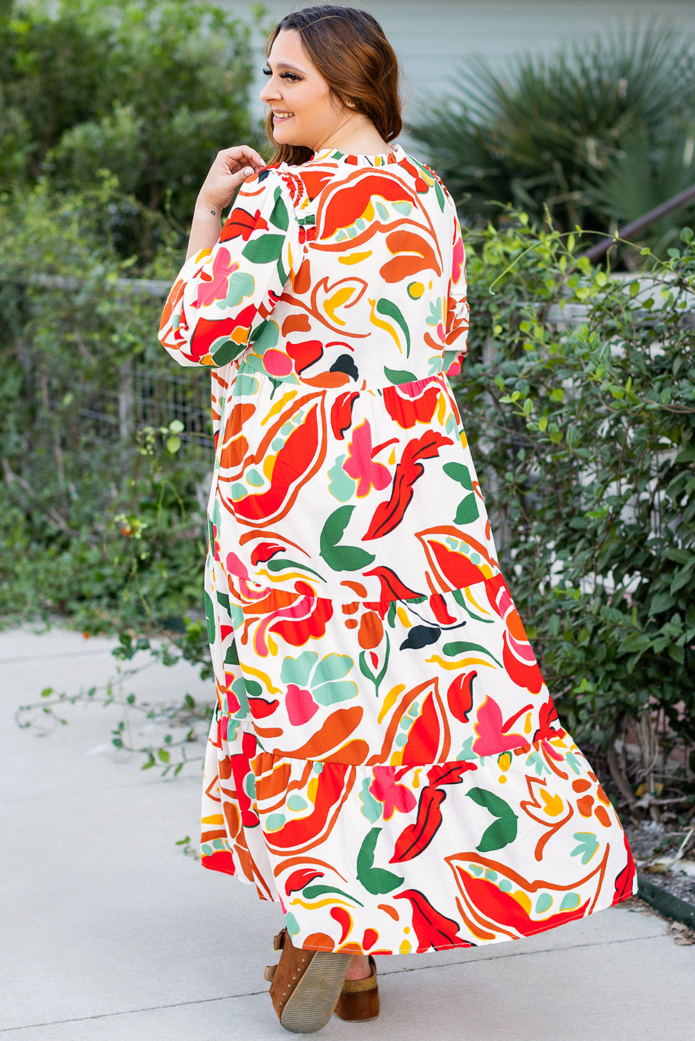 Orange Floral Print Drawstring V Neck Tiered Plus Size Dress