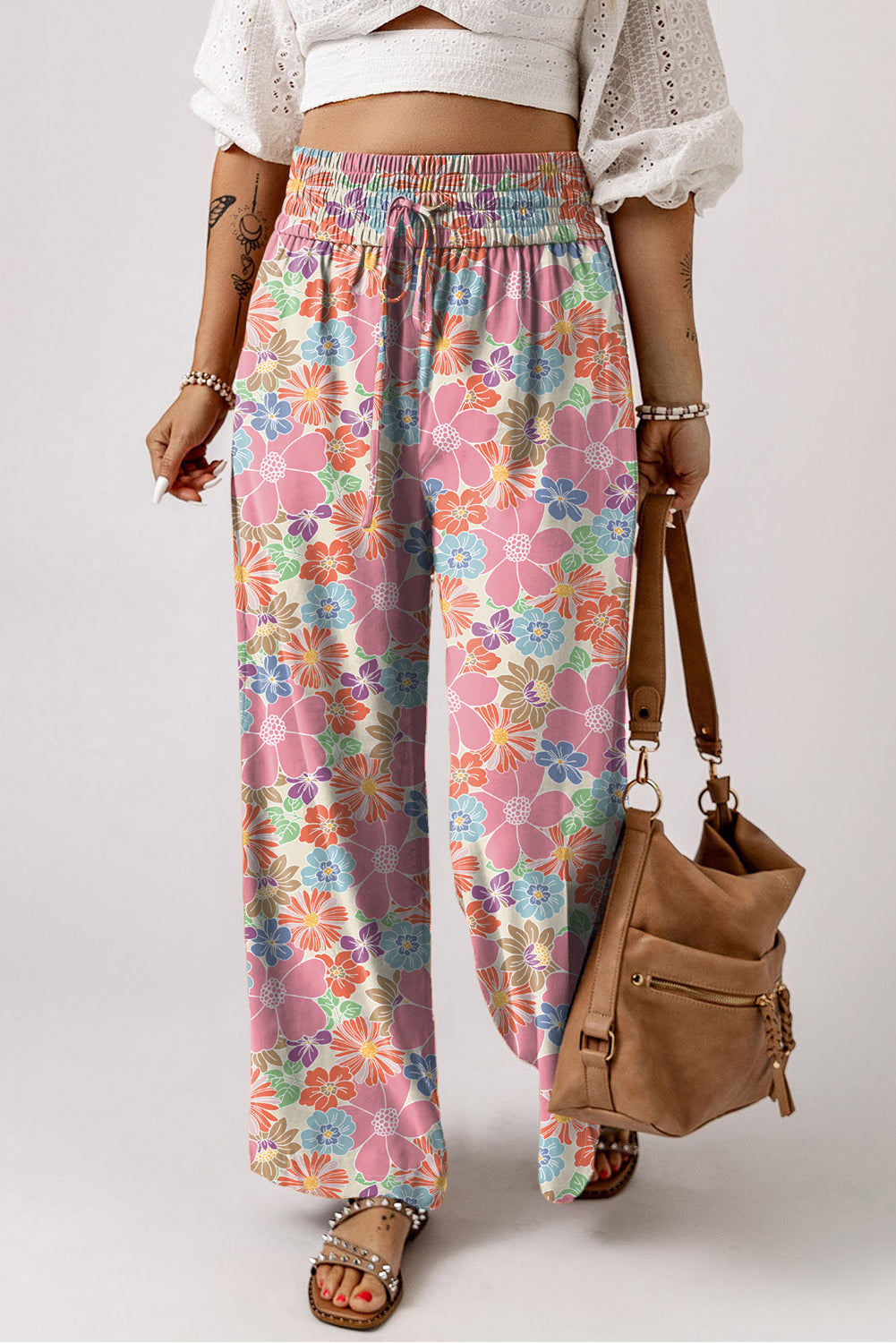 Pink Floral Smocked Waist Loose Pants