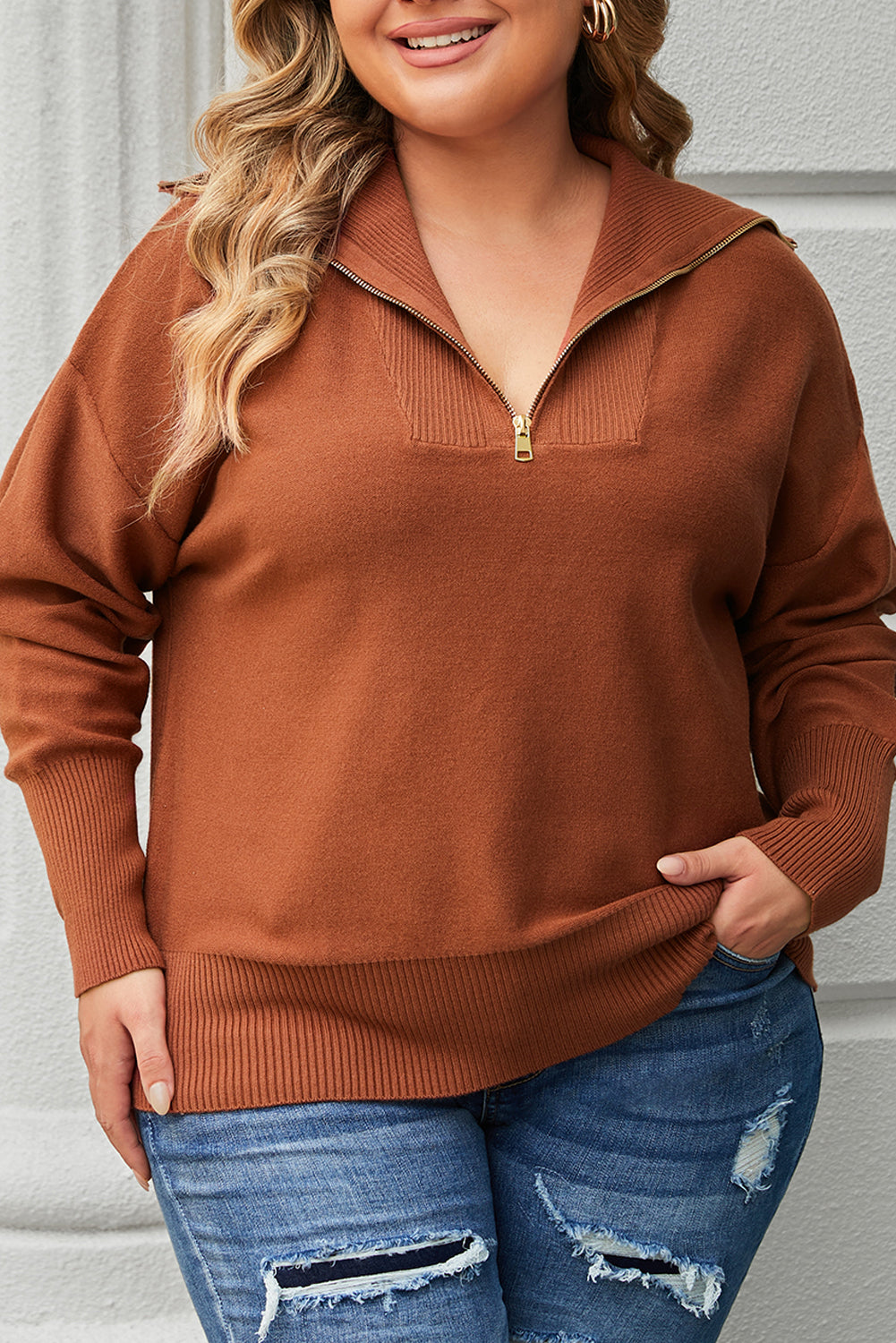 Brown Solid Ribbed Trim Plus Size Zip Collar Sweater