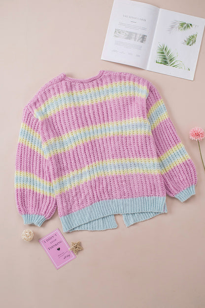 Pink Contrast Striped Open Front Cable Cardigan