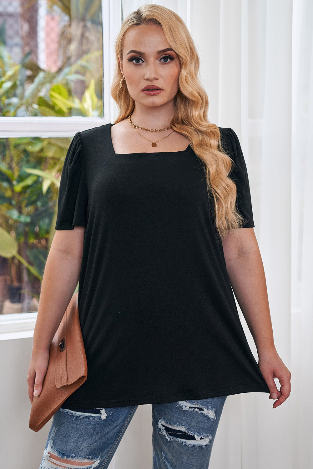 Black Plus Size Square Neck Ruched Shoulder Short Sleeve Top