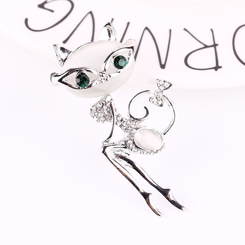 Silver Cat Brooch with Rhinestone Accents