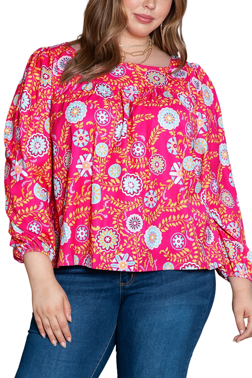 Pink Plus Size Square Neck Floral Blouse