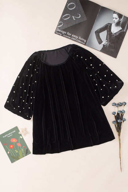 Black Pearl Embellished Puff Sleeve Velvet Plus Size Top