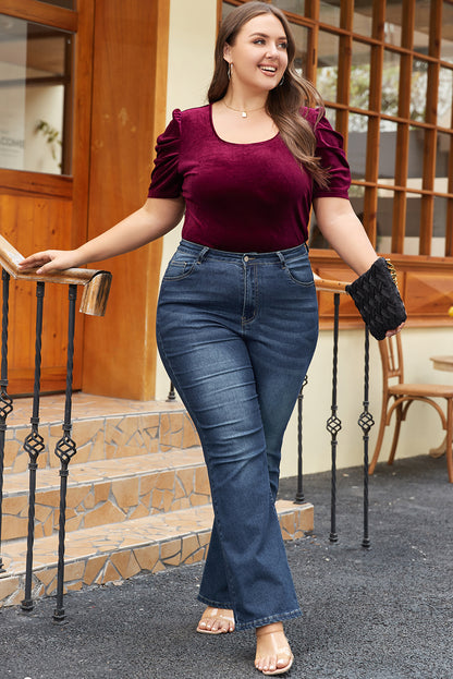 Burgundy Velvet Bubble Sleeve U Neck Plus Size Top