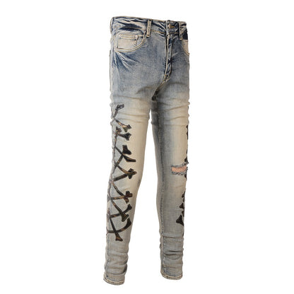 Men's Fashion Stretch Skinny Jeans with Holes Bone Pattern