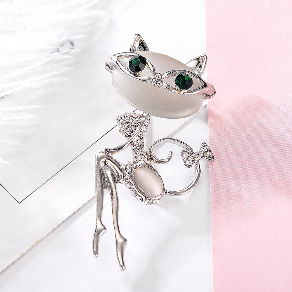 Silver Cat Brooch with Rhinestone Accents