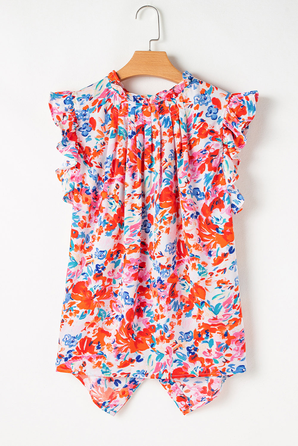 Red Frilled Neck Pleated Boho Floral Tank Top