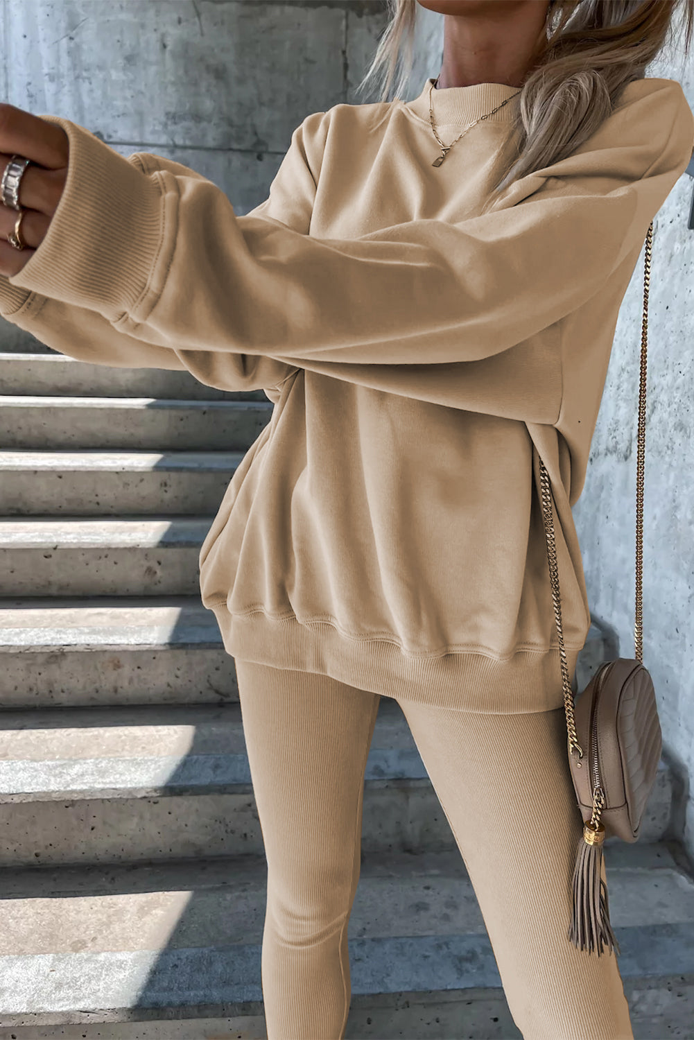 Beige Solid Sweatshirt and Leggings Two Piece Set