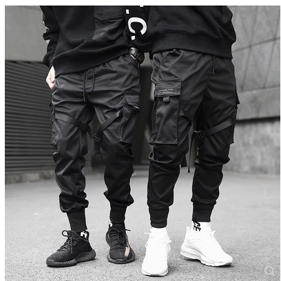 Men Black Hip Hop Cargo Pants Elastic Waist Jogger Trousers Sweatpants Pockets Full Length