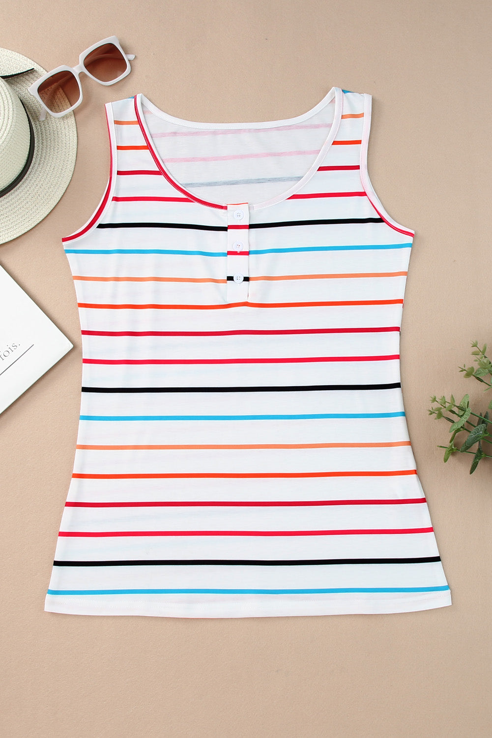 Stripe Button U Neck Tank Top