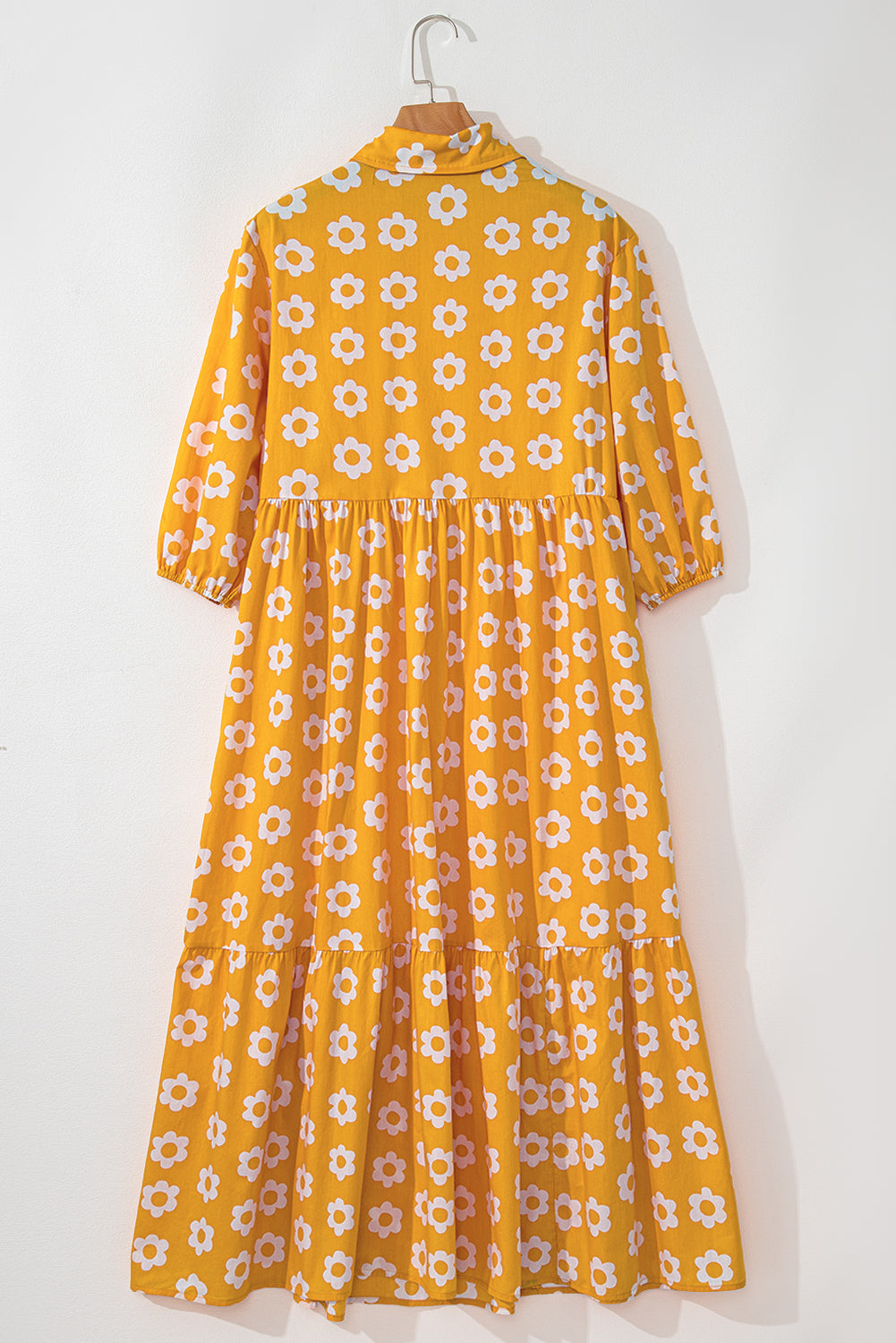 Yellow Flower Print Bracelet Sleeve Buttons Collared Maxi Dress