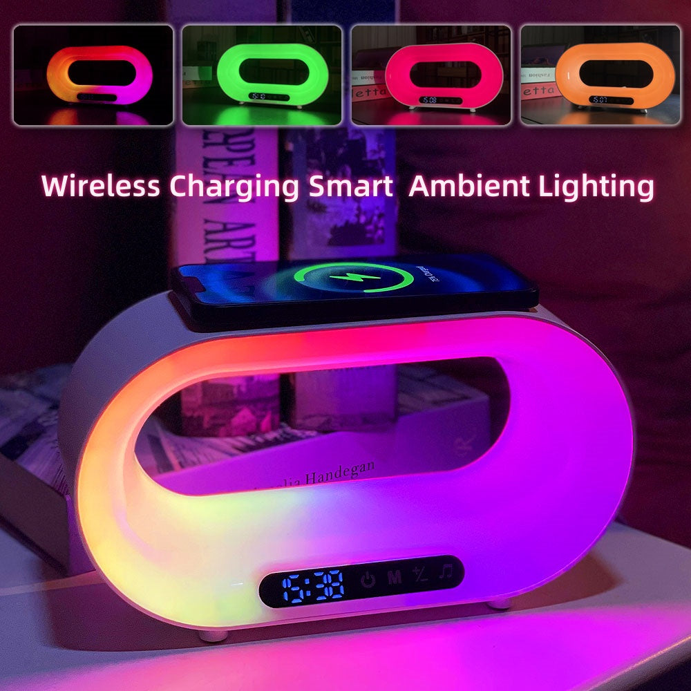 3-in-1 Smart Night Light: LED Atmosphere Desk Lamp with Wireless Charger and Alarm Clock