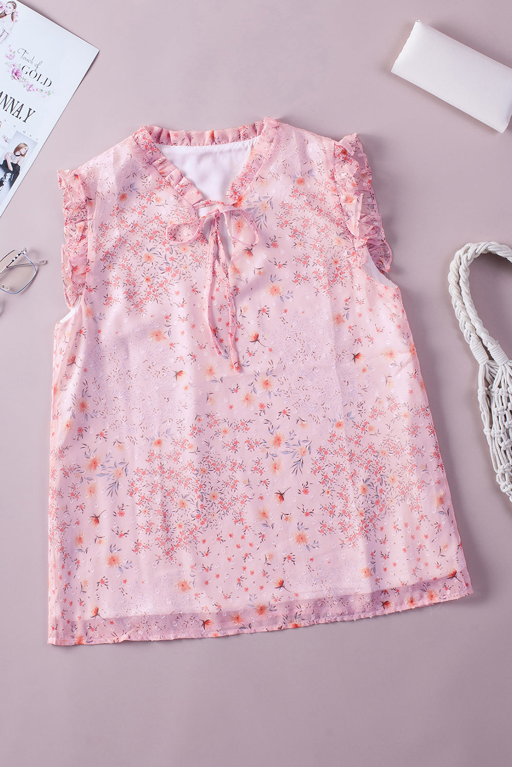 Pink Floral Print Drawstring Frill Trim Sleeveless Top