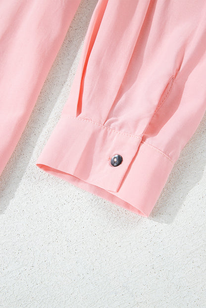 Pink Flap Pocket Tab Sleeve Button-Down Plus Size Shirt