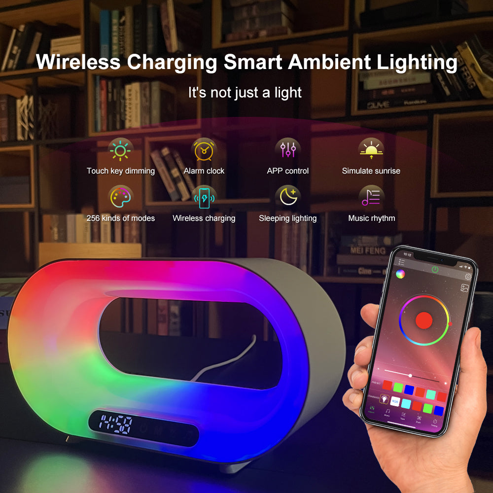 3-in-1 Smart Night Light: LED Atmosphere Desk Lamp with Wireless Charger and Alarm Clock