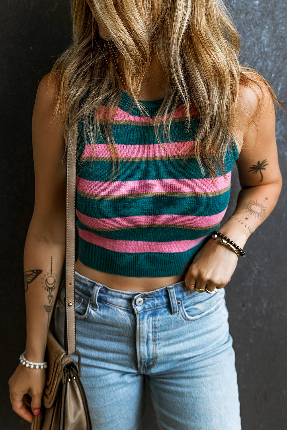 Pink Stripe Sleeveless Knit Cropped Sweater Top