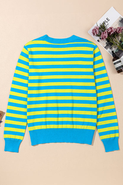 Green Stripe Crew Neck Drop Shoulder Casual Sweater