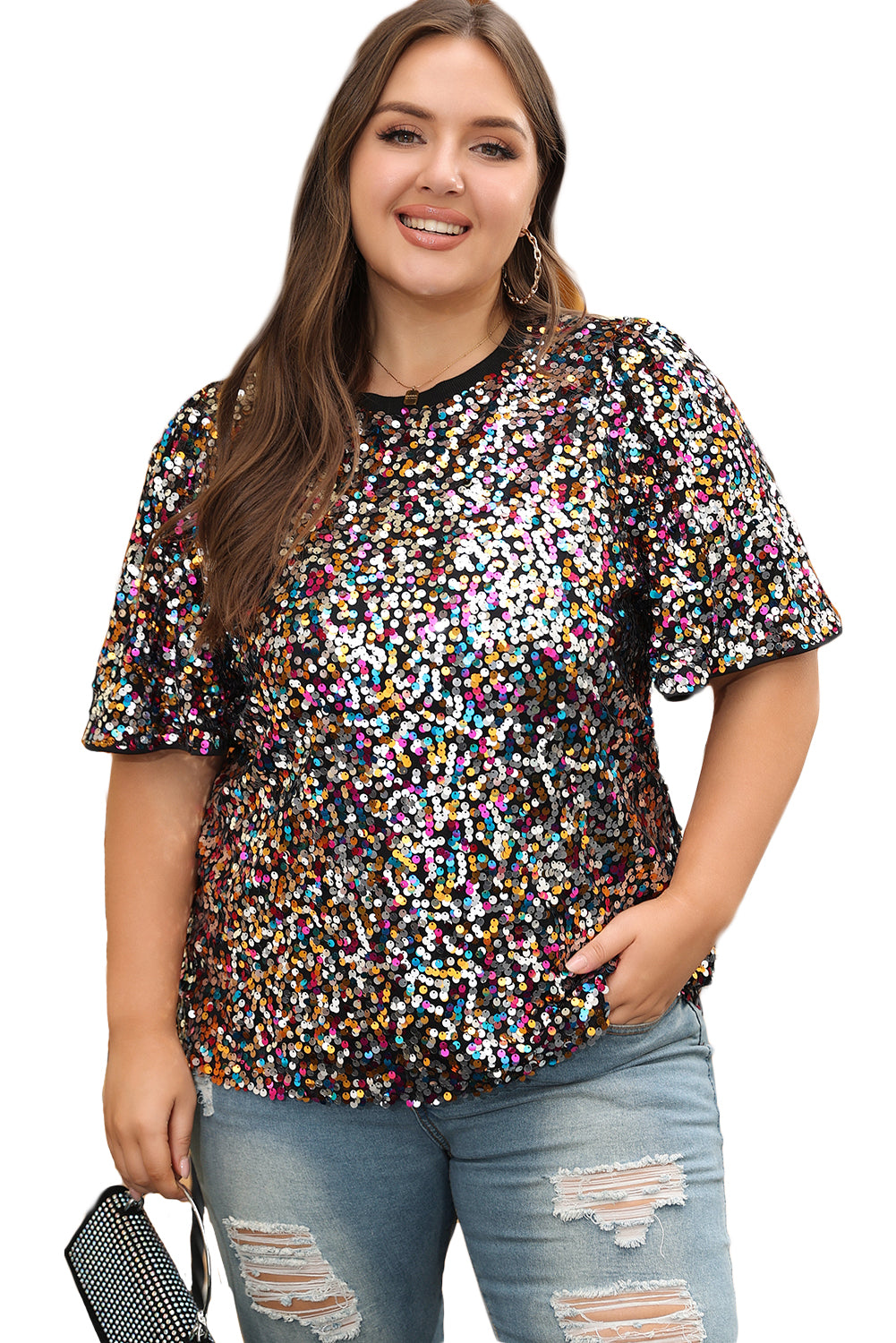 Silvery Vibrant Sequin Plus Size Short Sleeve Top