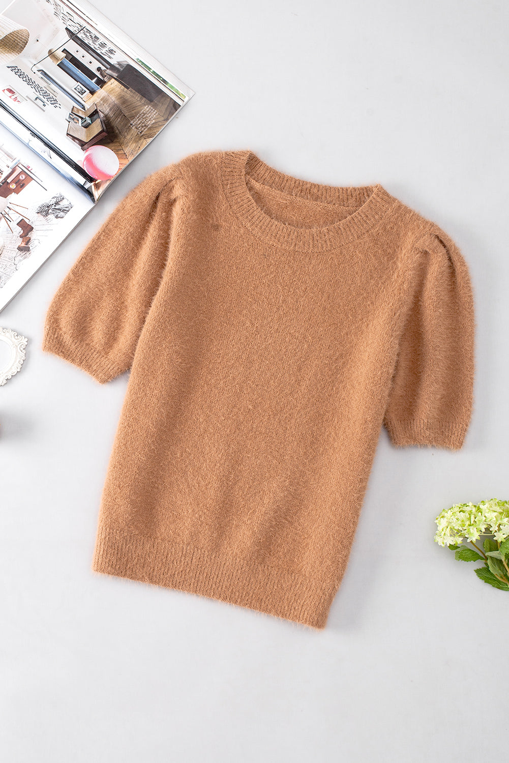 Light French Beige Fuzzy Short Sleeve Sweater