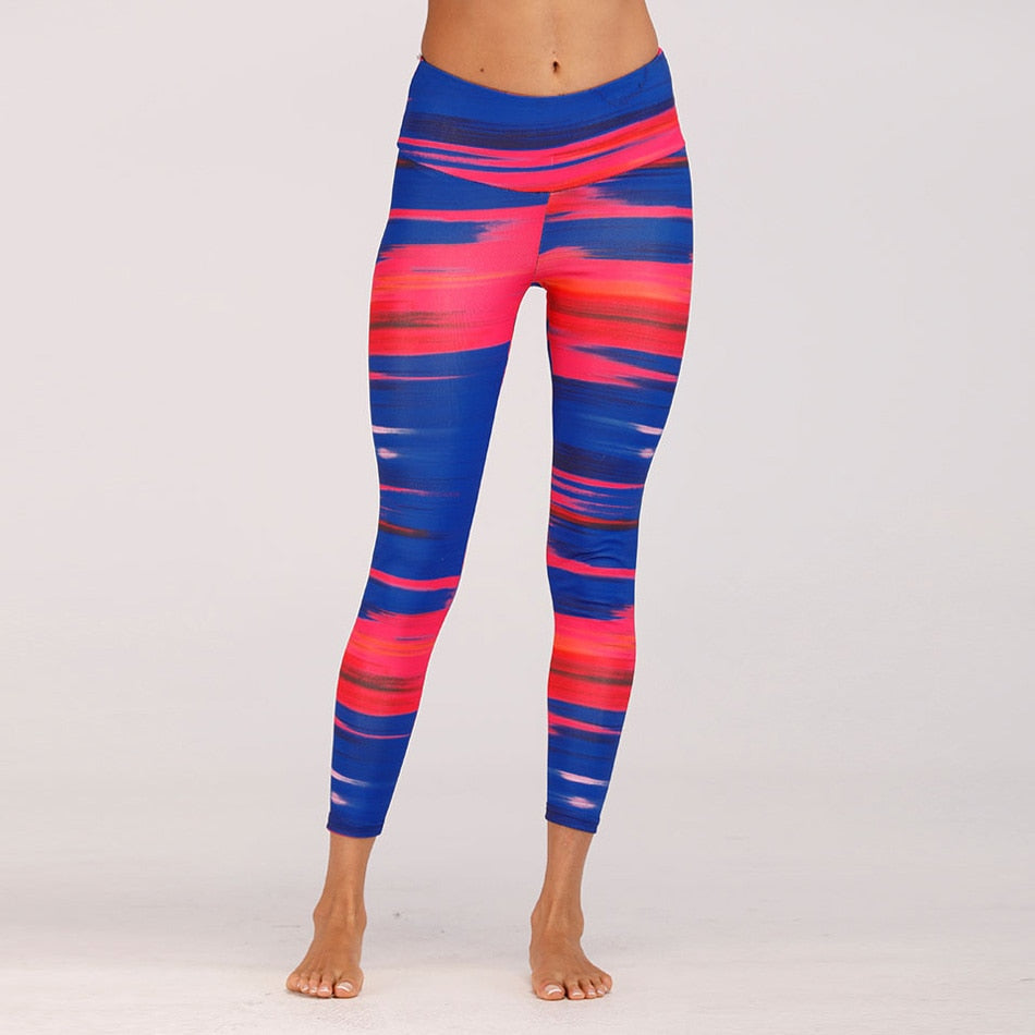 Blue & Red Digital Print yoga pants High waist Contrast color athletic leggings