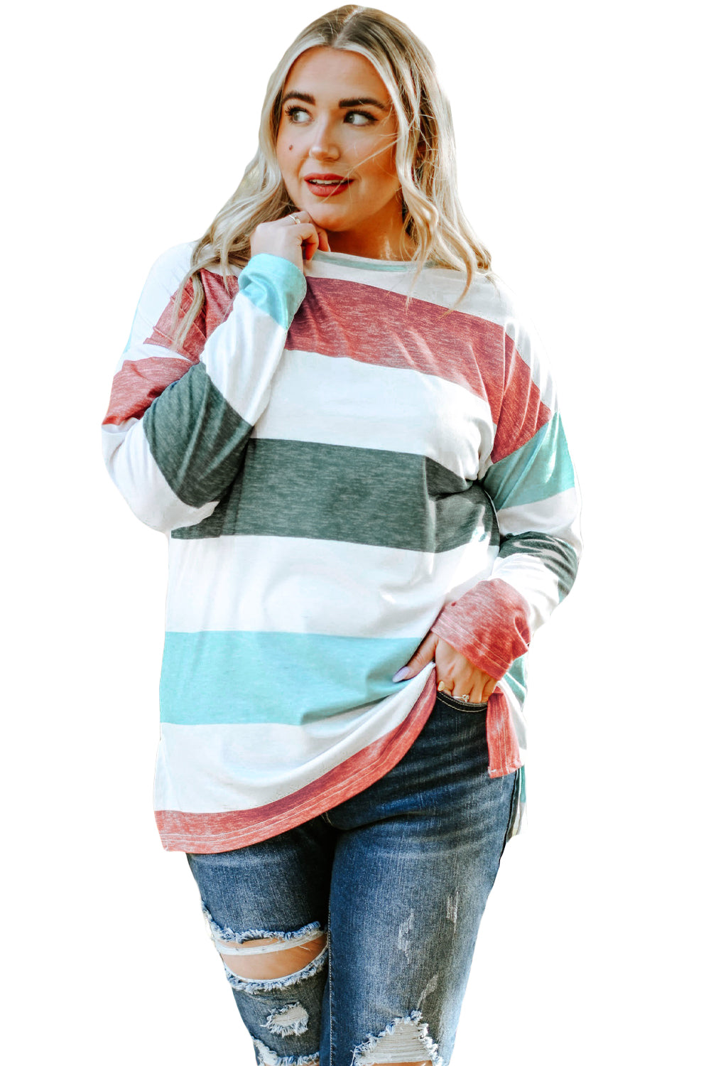 Green Plus Size Colorblock Pullover Top