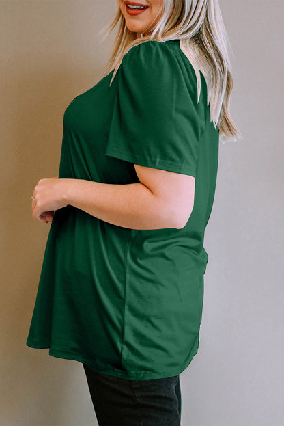 Green Plus Size Square Neck Ruched Shoulder Short Sleeve Top